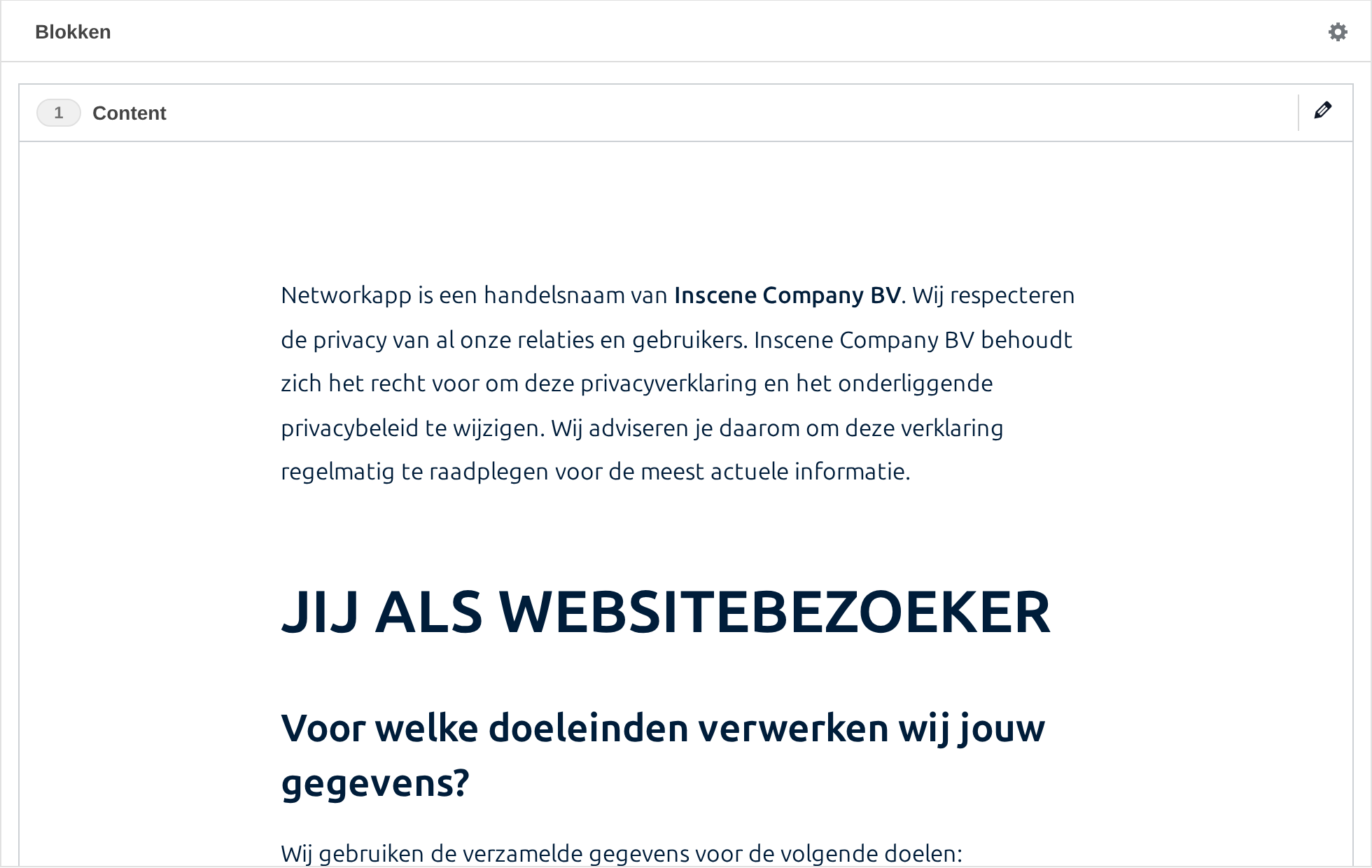 Het veld Blokken met een blokbalk, daaronder een voorbeeld van het blok, en onderaan de knop Nieuw blok.