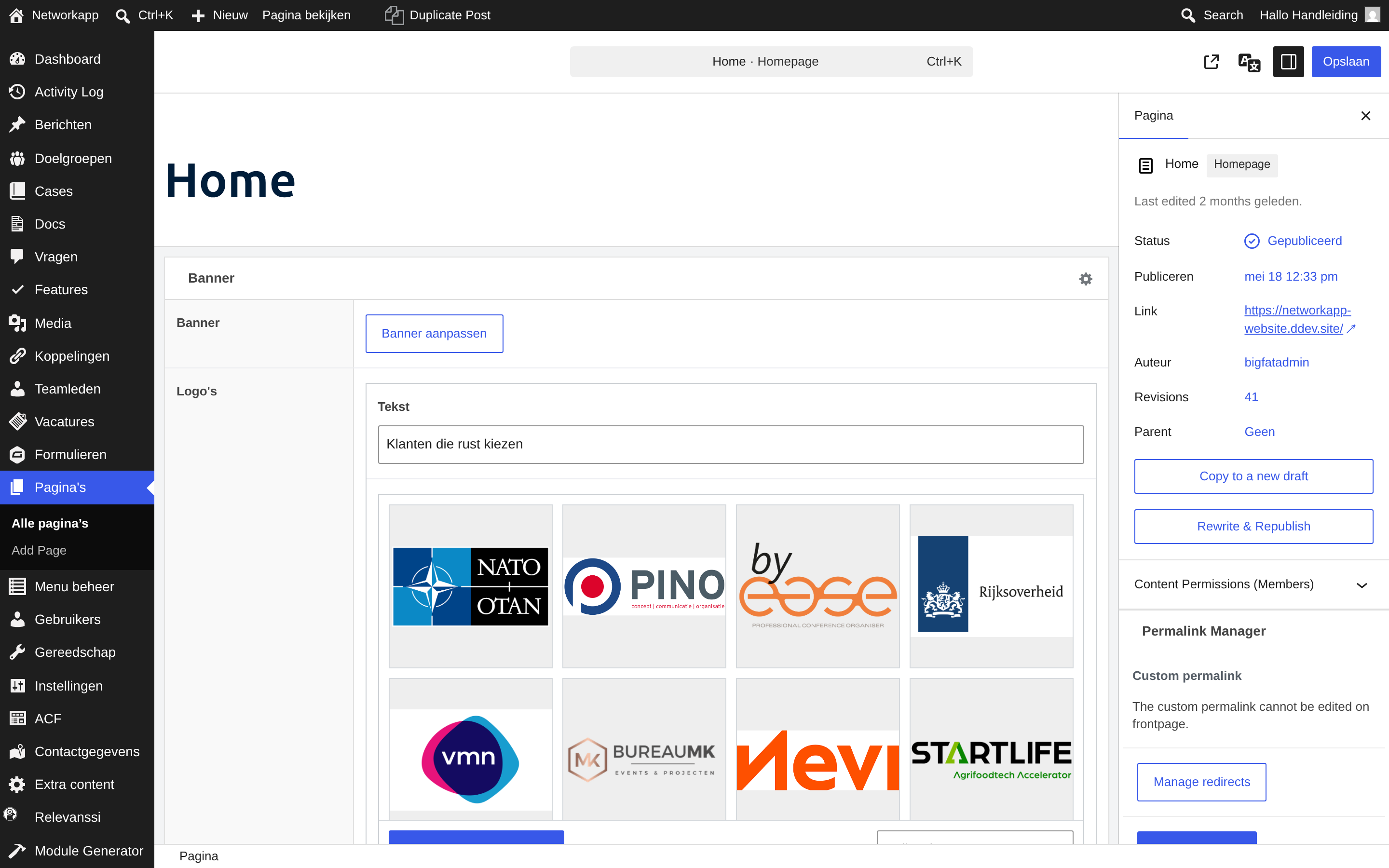 De homepage in het CMS met bovenaan de eerste laag.