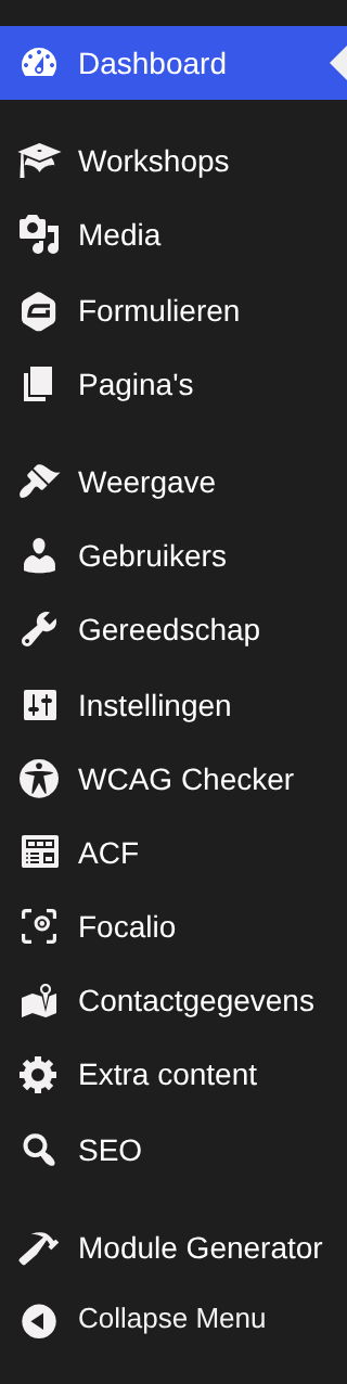 Het linkermenu met onder elkaar de soorten inhoud en daaronder de instellingen.