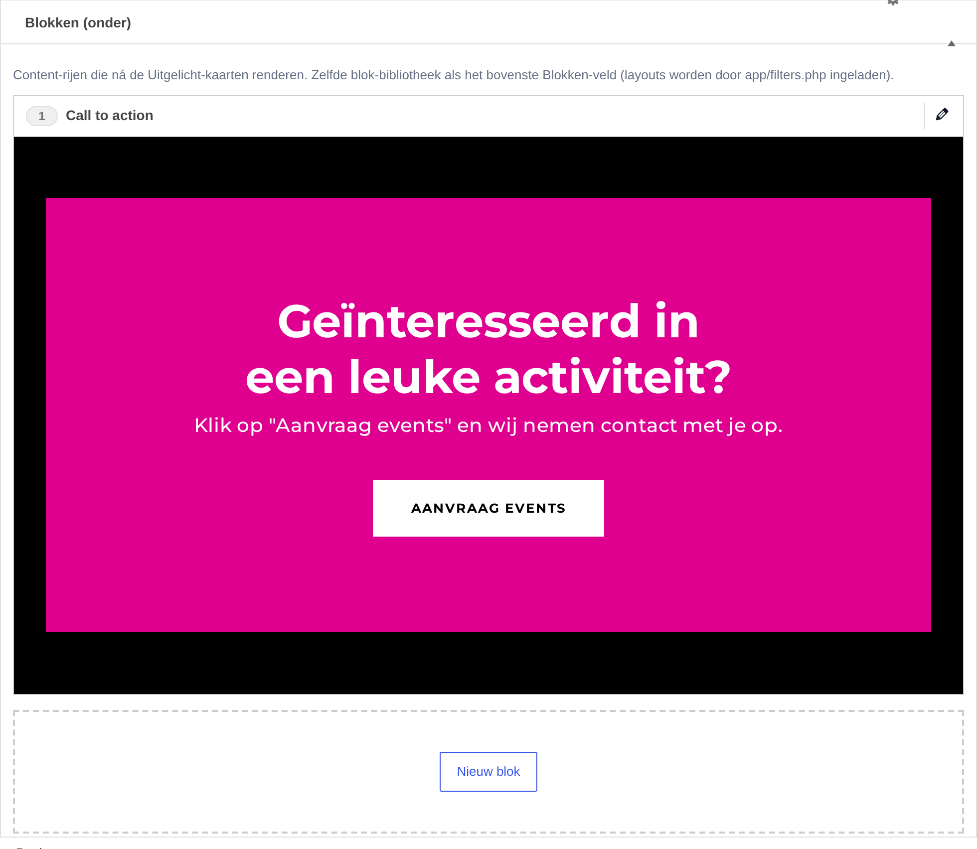 Het vak Blokken (onder) in het CMS, met de velden van deze laag.