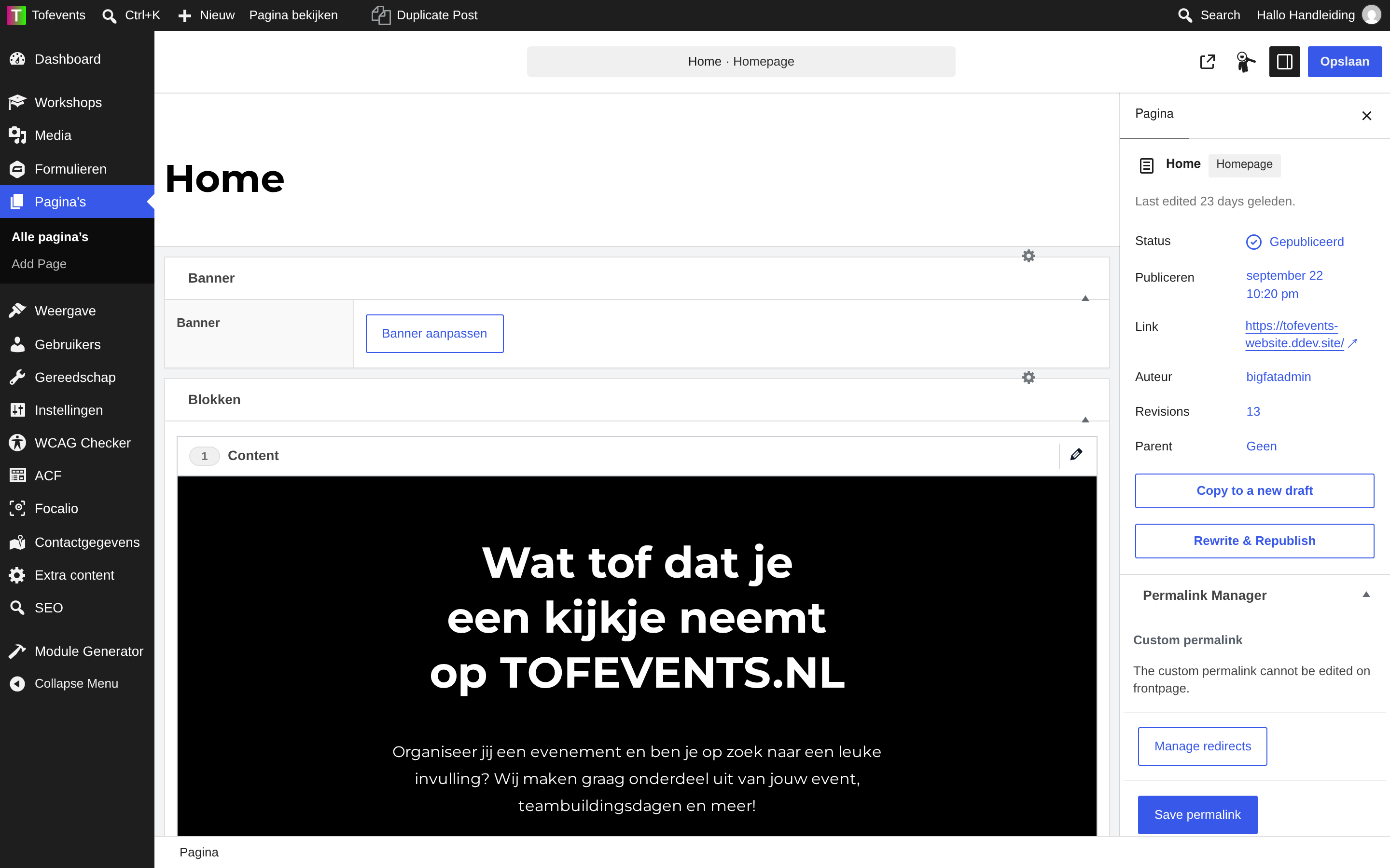 De homepage in het CMS met bovenaan de eerste laag.